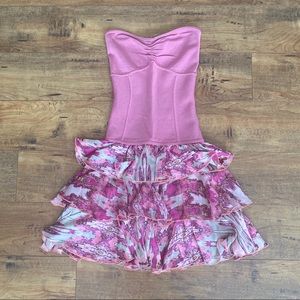 Bebe pink tube top mini dress, satin peplum bottom